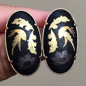 Vintage Damascene Clip On Oval Earrings
